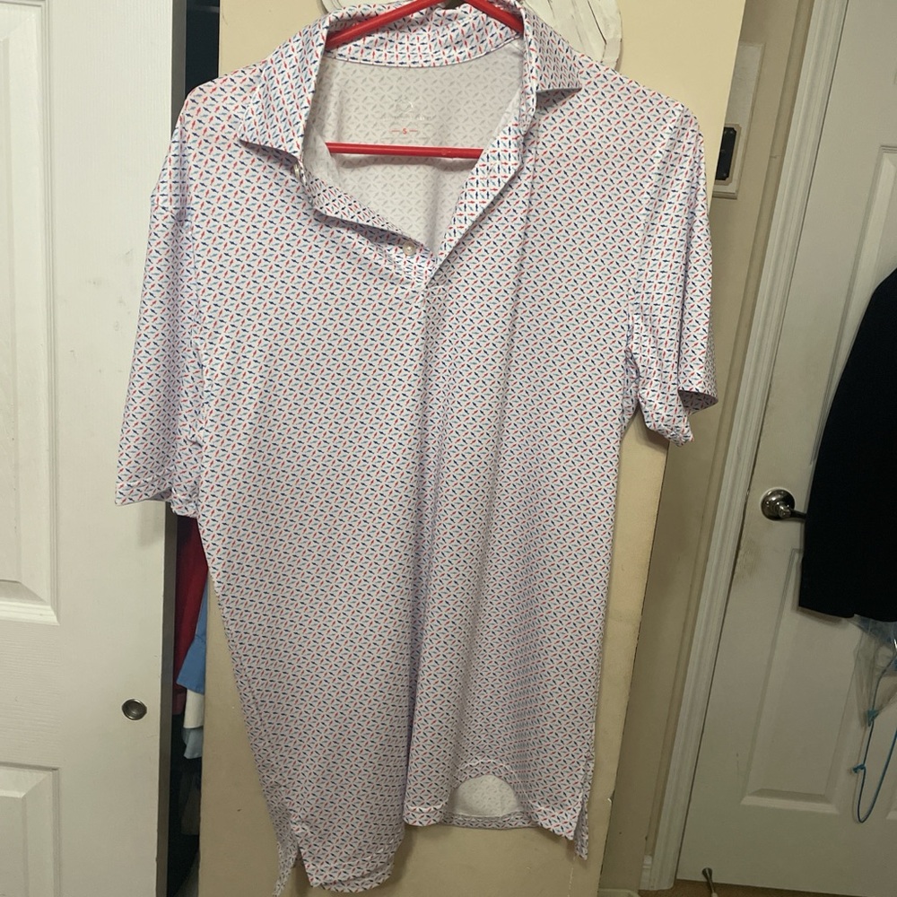 Men's White and Red Patterned Polo Shirt
